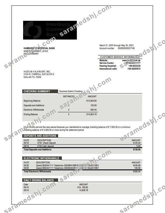 Hamburg Commercial Bank enterprise account statement Word and PDF template